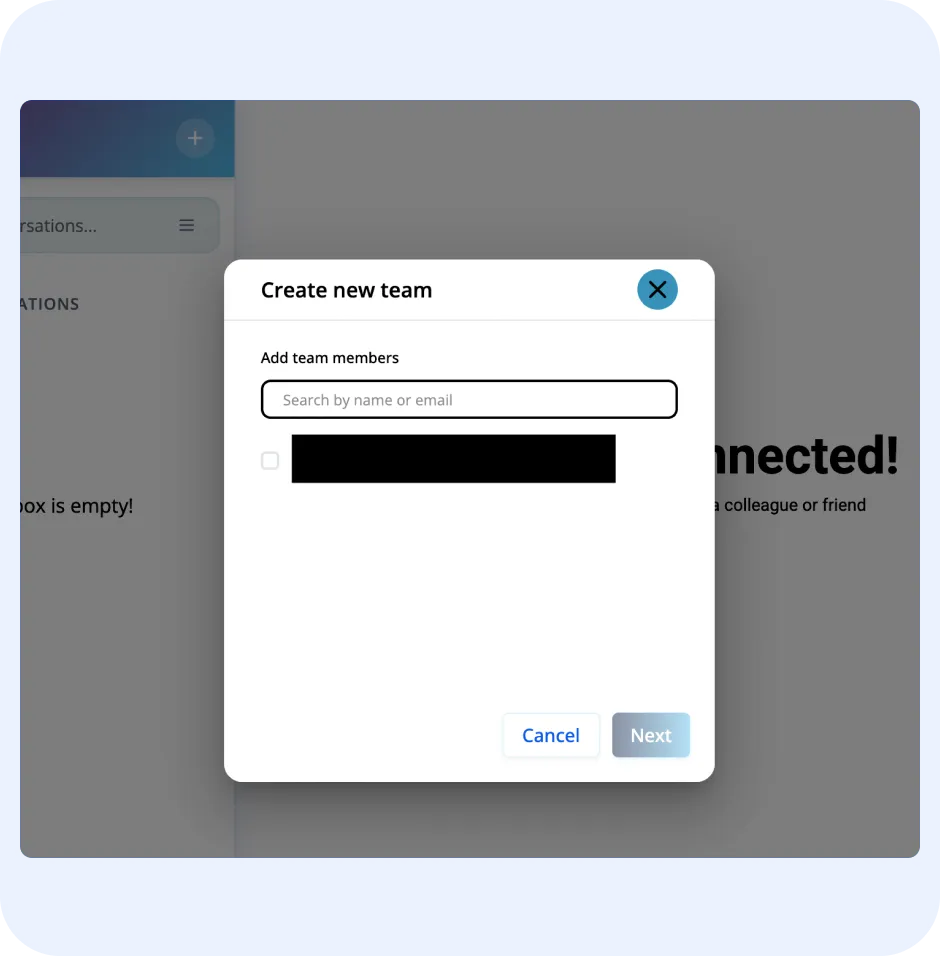 Create new team interface in ORO AI's Converse platform, featuring a search bar for adding team members, with a blue background and a notification about being connected.